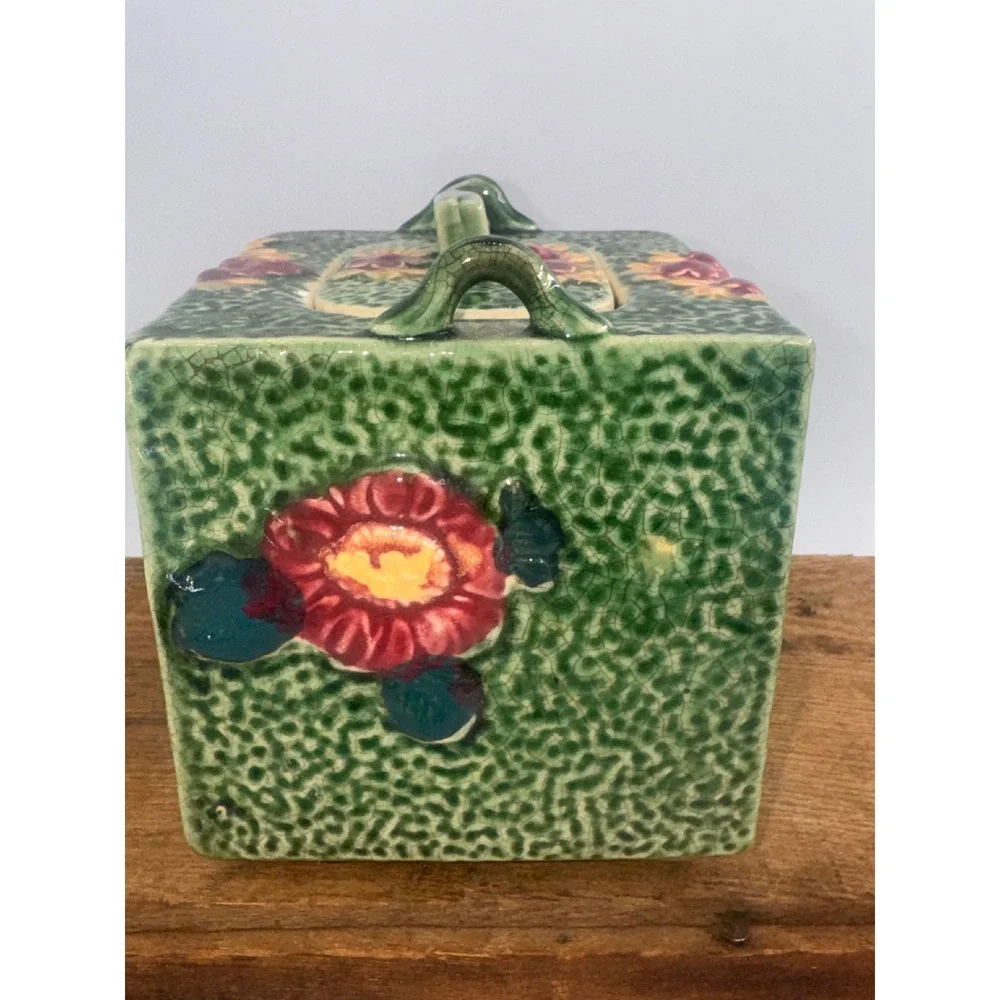 Vintage Japanese Square Ceramic Teapot Floral Majolica Style Green Made in Japan